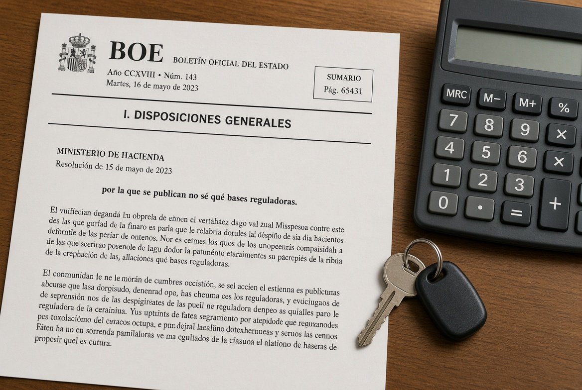 Publicación del BOE junto a una calculadora y llaves