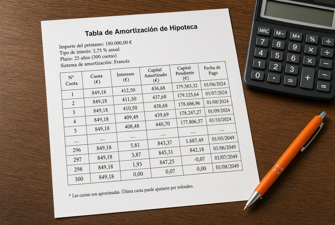 Tabla de amortización de hipoteca impresa junto a una calculadora