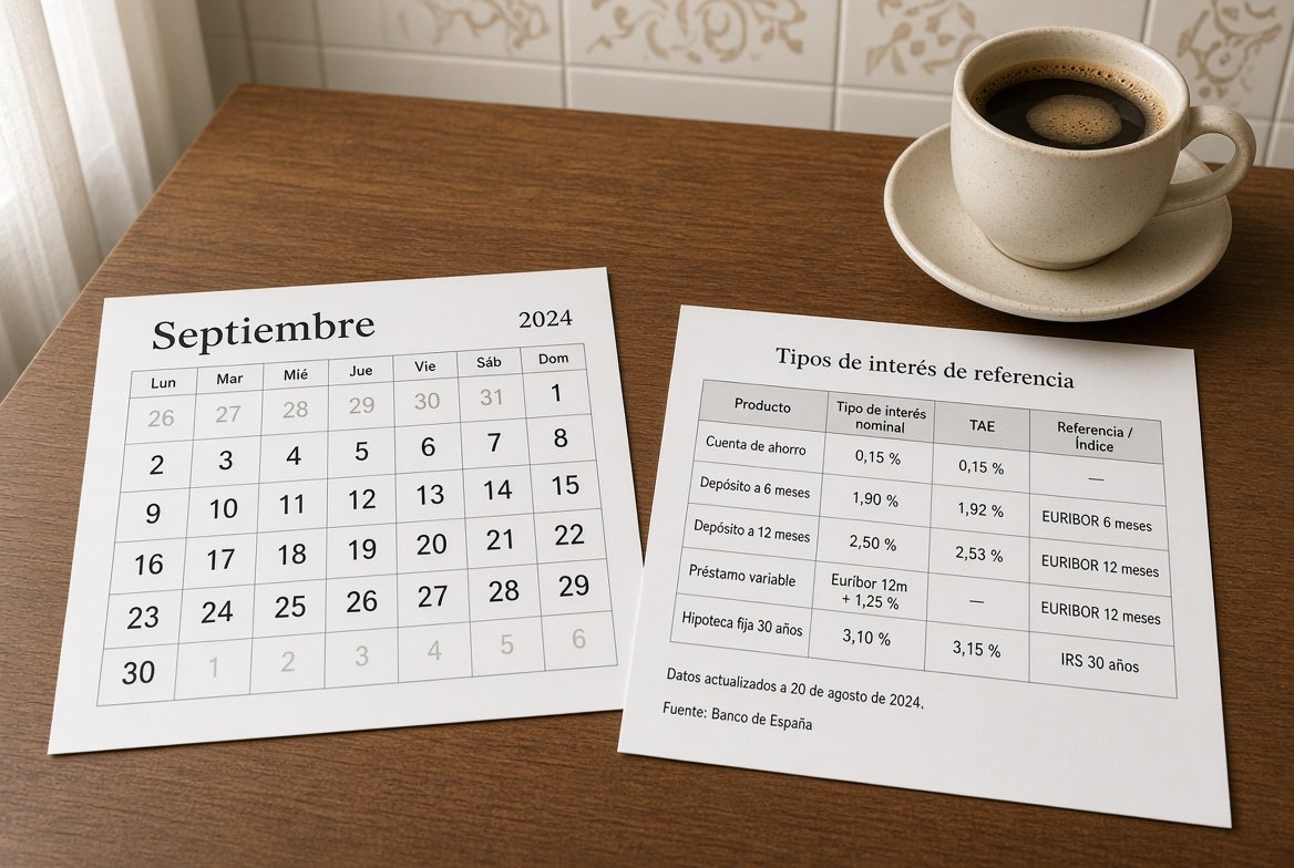 Calendario y tabla de tipos de referencia junto a un café