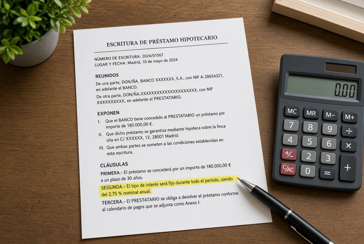 Escritura de préstamo hipotecario y calculadora