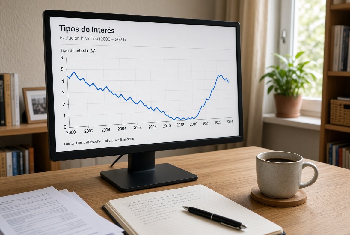 Pantalla con un gráfico de tipos de interés sobre un escritorio